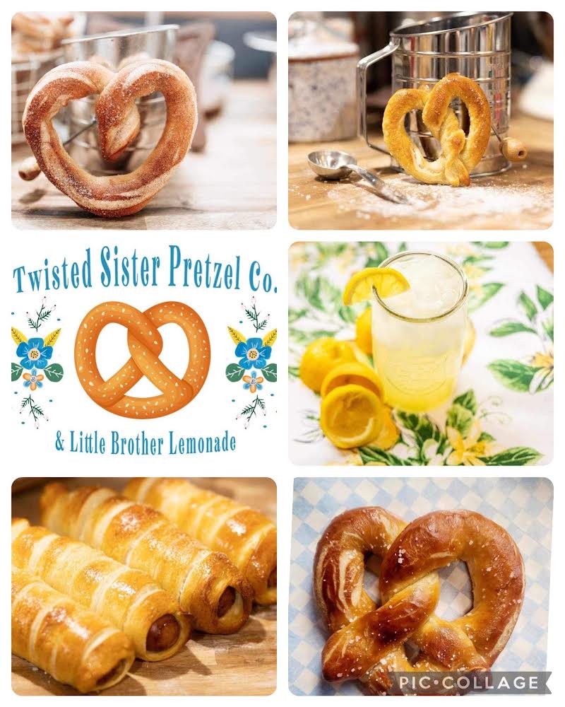 Photo collage promoting Twisted Sister Pretzel company. Contains pictures of pretzels and lemonade. 