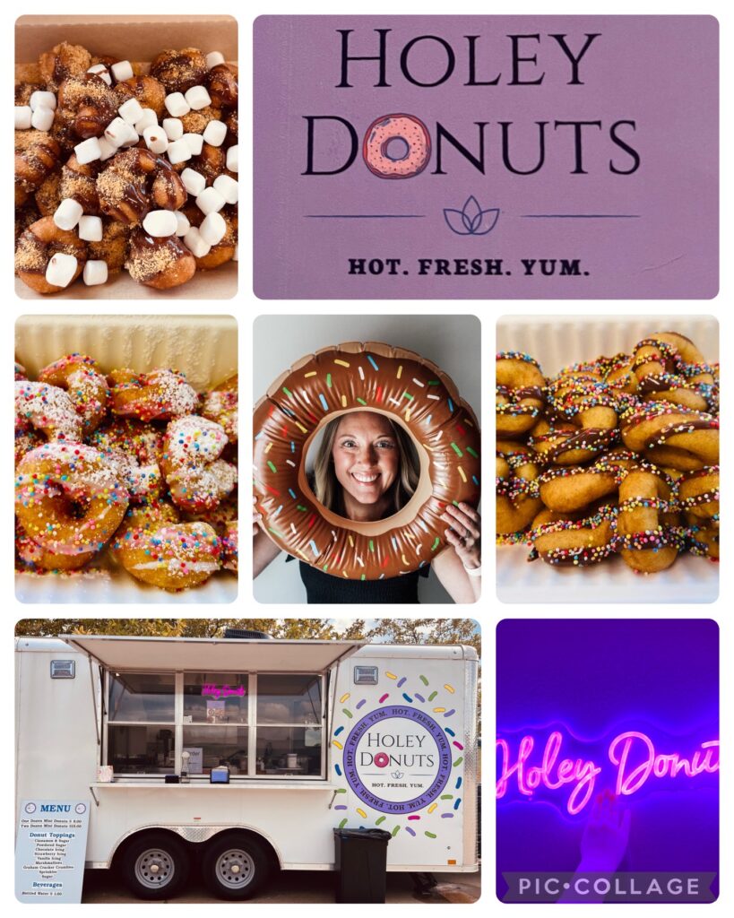 Holey donuts collage. They sell mini donuts, photos of donuts and their logo/name. 