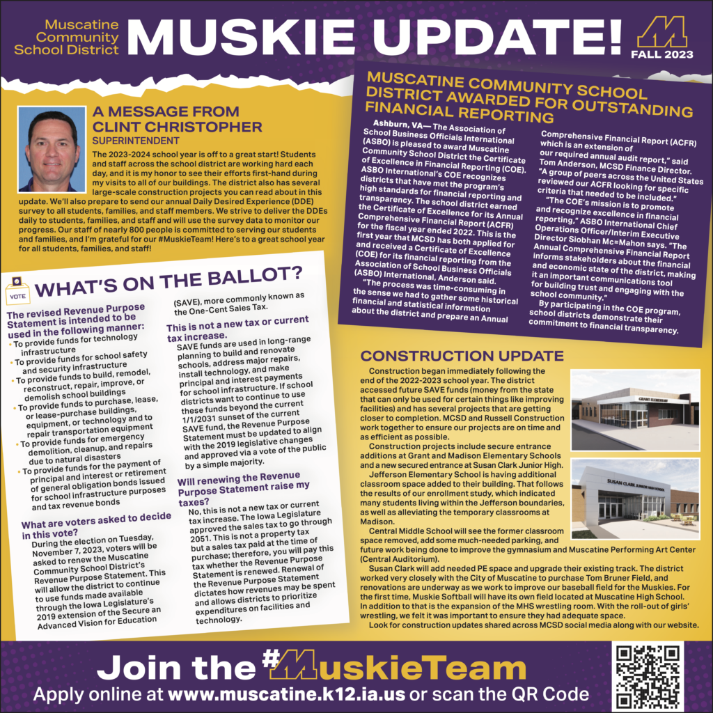 Muskie Update infographic that contains information from the school district. A message from the superintendent, finance department being recognized, what's on the ballot, and a construction update. 