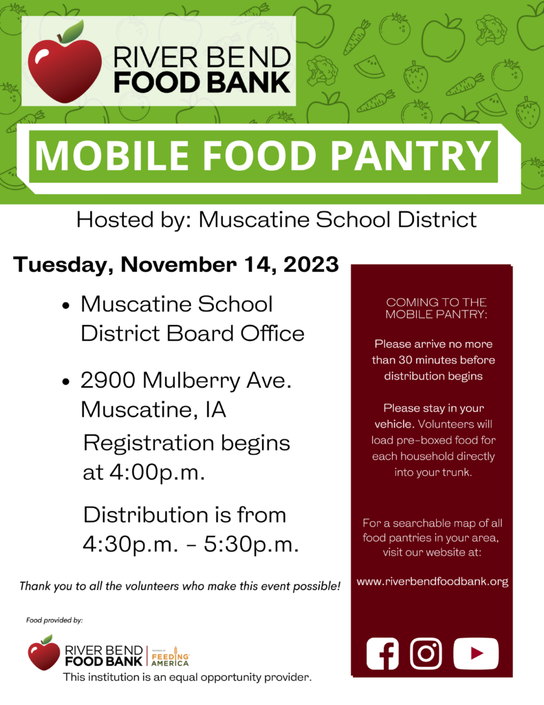 Infographic promoting the monthly mobile food pantry happening Tuesday, November 14, 2023 starting at 4:30pm in the school district's administration center parking lot. 