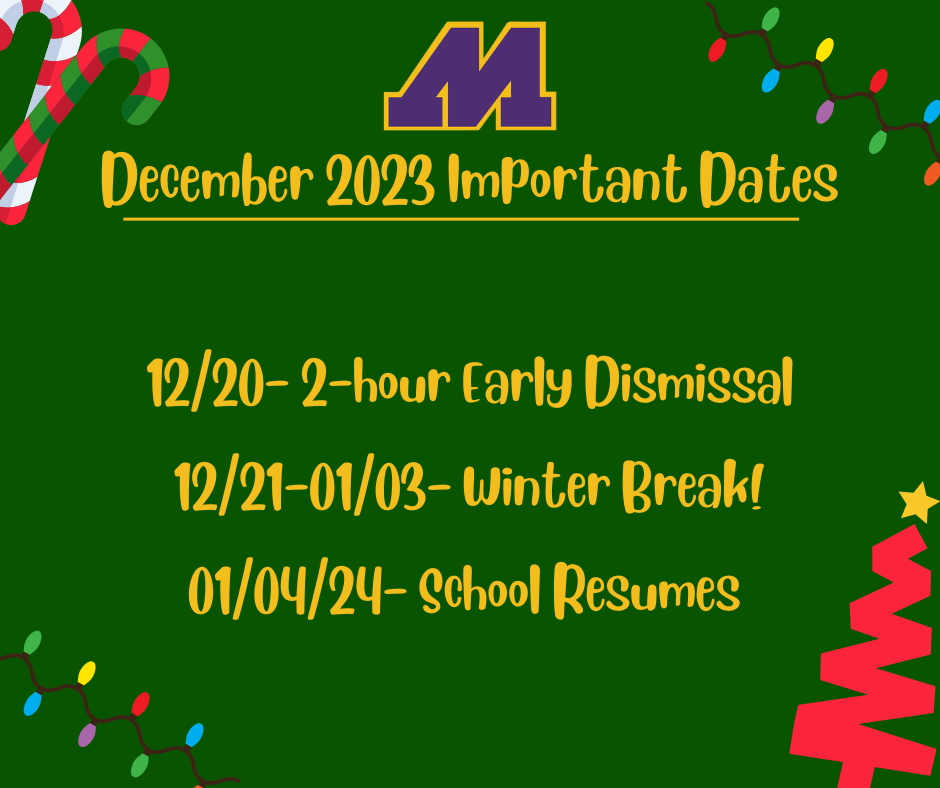 MCSD Important Dates for the remainder of December 2023 including winter break. 