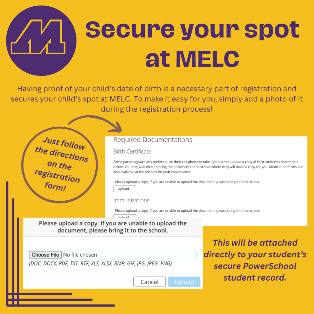 MELC infographic stressing the importance of having your student's birth certificate for registration. 