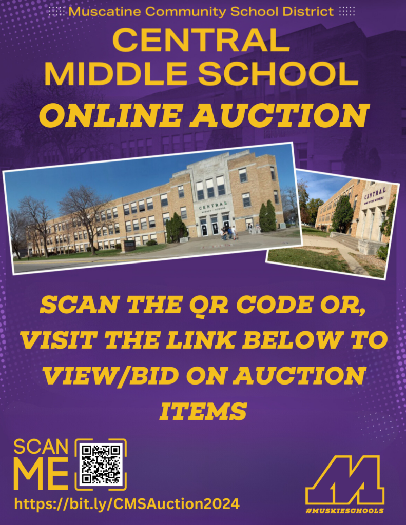 Flyer for the Central Middle School public surplus auction that is going on now. It contains a link to bid on items available in the former school's auction along with photos of the exterior of the building. 