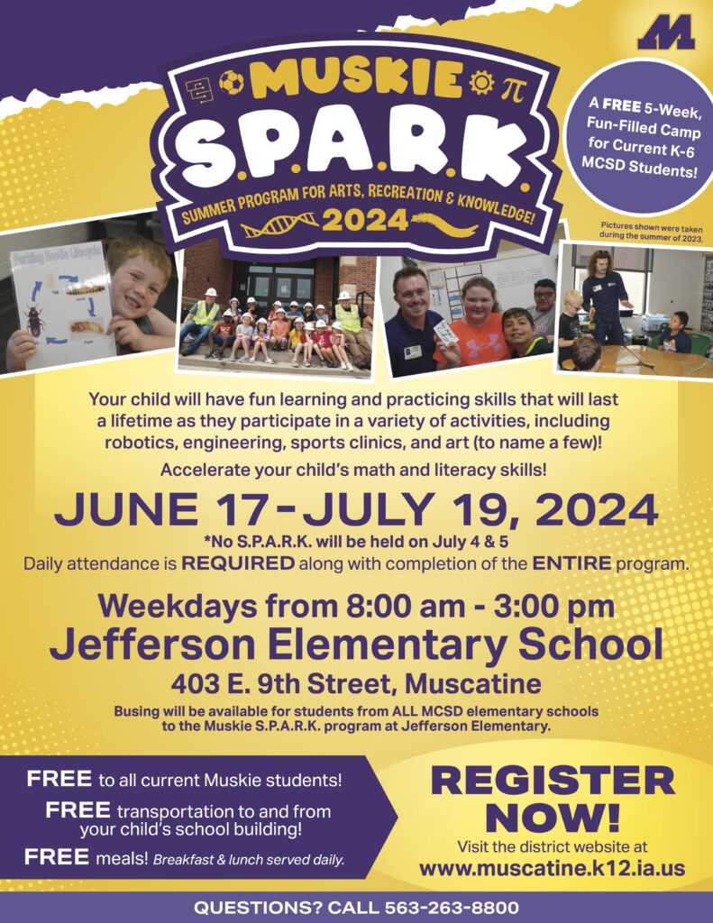 Muskie SPARK infographic promoting the summer program happening June 17 to July 19, 2024. 