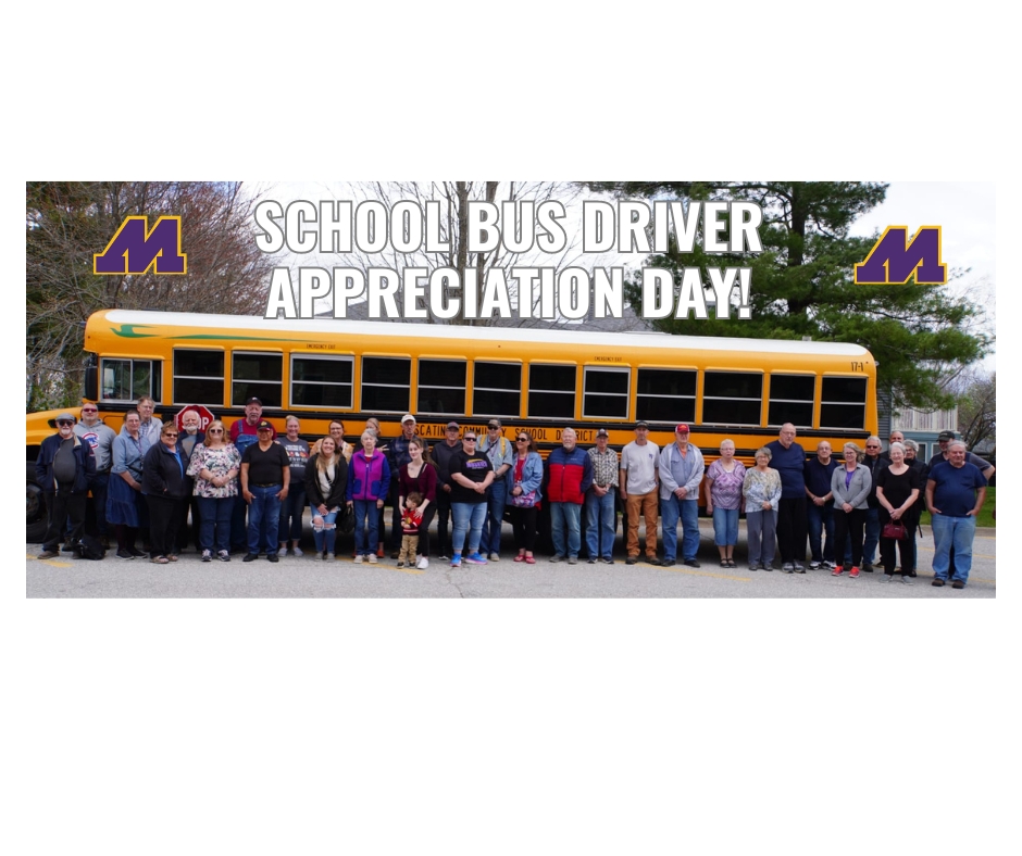 SCHOOL BUS DRIVER APPRECIATION DAY! Photo includes most of the transportation department standing in front of a MCSD school bus.