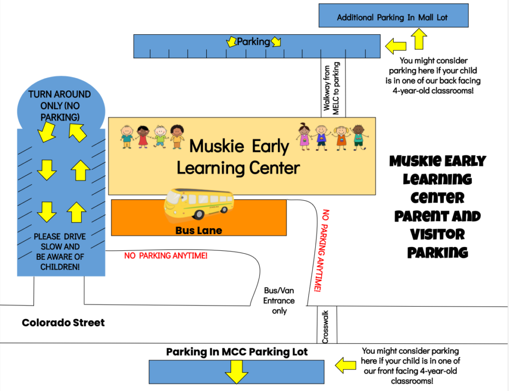 Muskie Early Learning Center updated parking map for 2024. Showing locations that families are able to park at to drop off their students. 